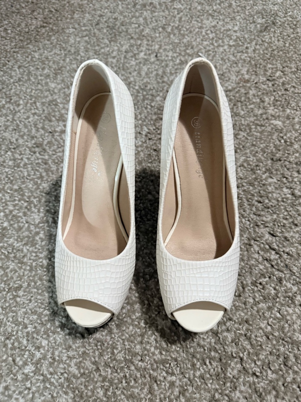Peep-Toe Croc-Embossed White Pumps